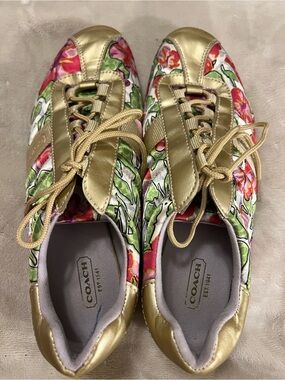 Coach Kirby Ashley Abstract Floral Quilted Satin Metallic Gold Sneakers Q999